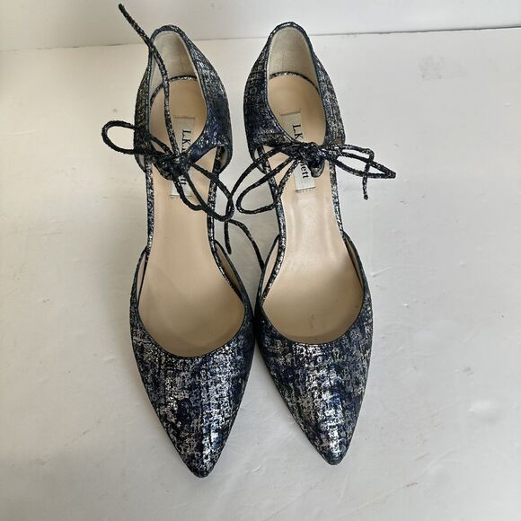 LK Bennett Shoes Womens 40 US 10.5 Foil Blue Suede Leather Pointy Toe Pumps Heel - Picture 4 of 11
